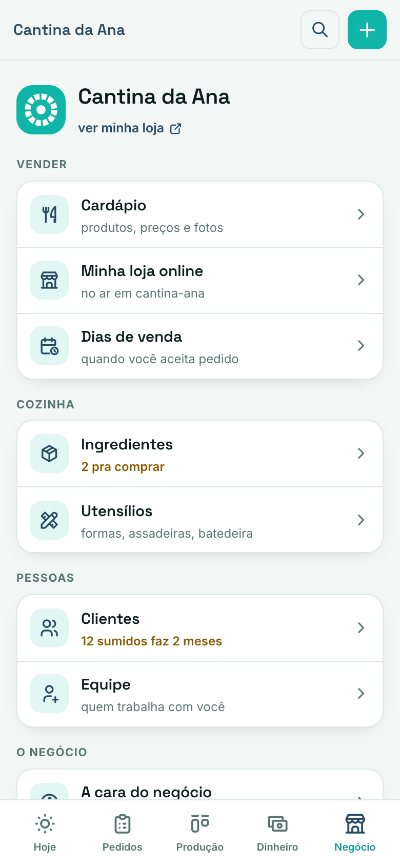 Tela Meu negócio no celular: o hub da confeitaria com cardápio, clientes, ingredientes, loja online, utensílios, catálogo de receitas, equipe, configurações e minha conta